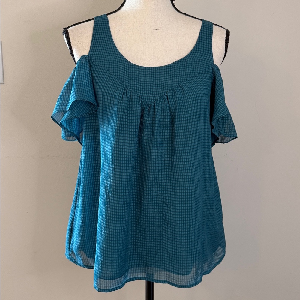 Maeve Boho Teal & Navy Checkered top cold shoulder ruffled short sleeves SZ 6